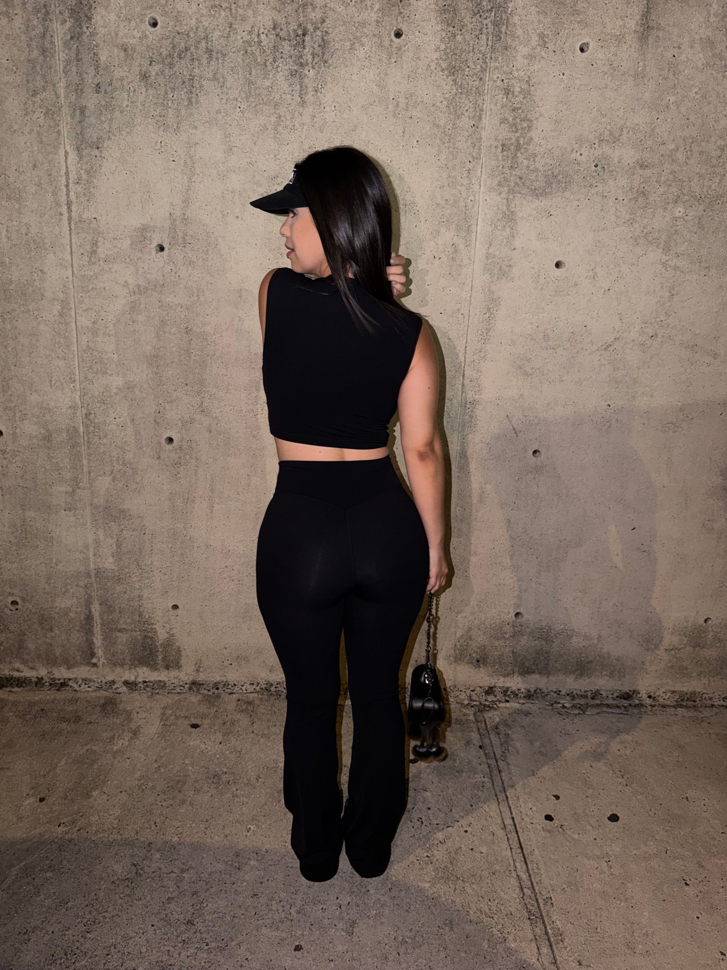 Black Sleeveless V Cut Bell Bottom Set