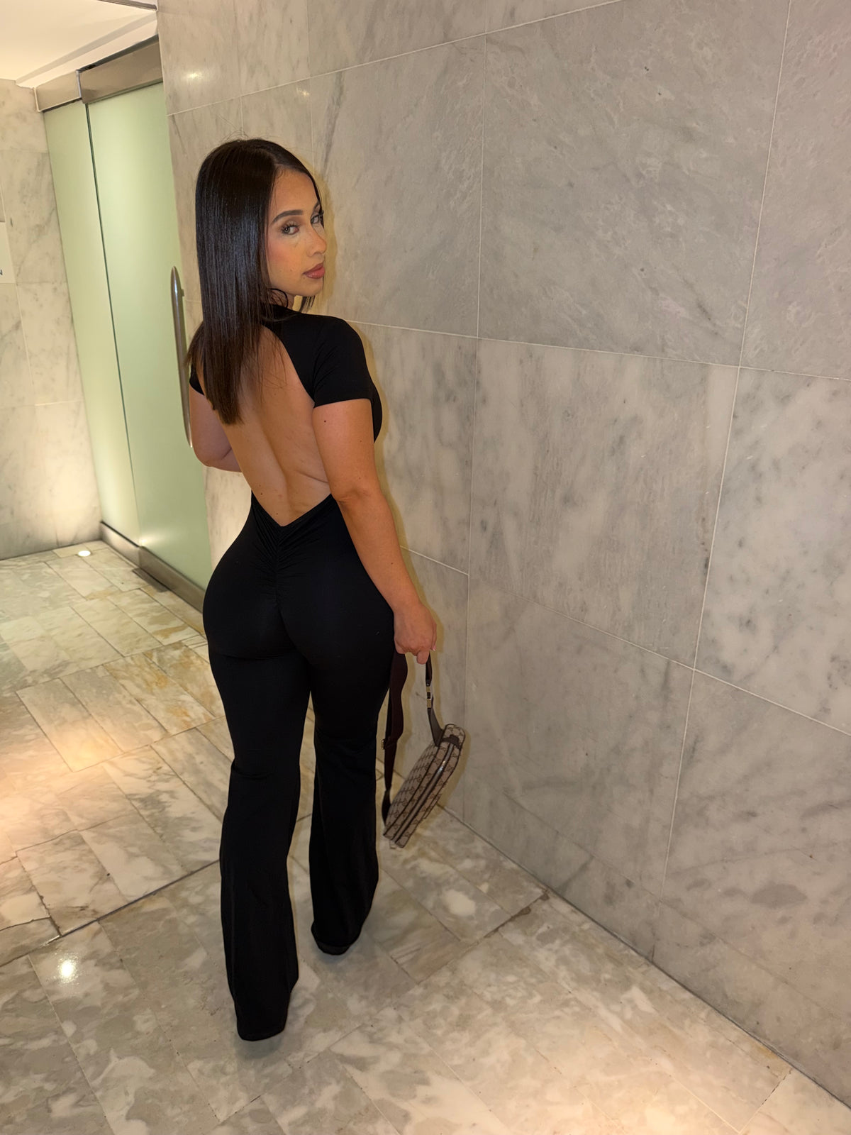 Black Short-Sleeve Scrunch But Bellbottom Jumpsuit