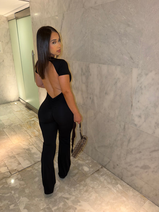 Black Short-Sleeve Scrunch But Bellbottom Jumpsuit