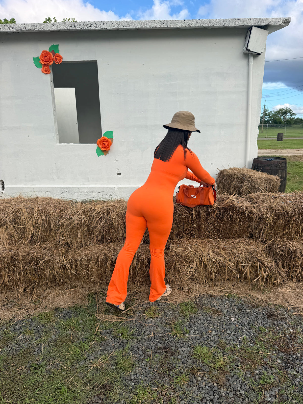 Orange Long-Sleeve Bellbottom Jumpsuit