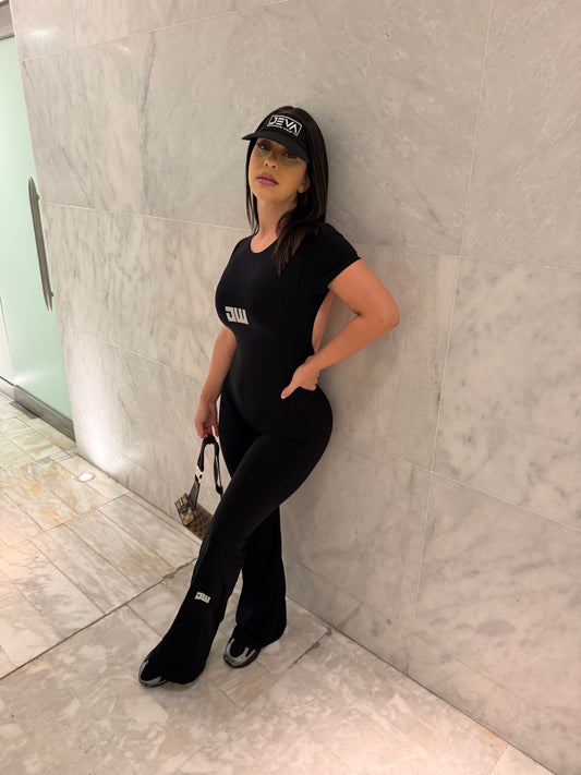 Black Short-Sleeve Scrunch But Bellbottom Jumpsuit