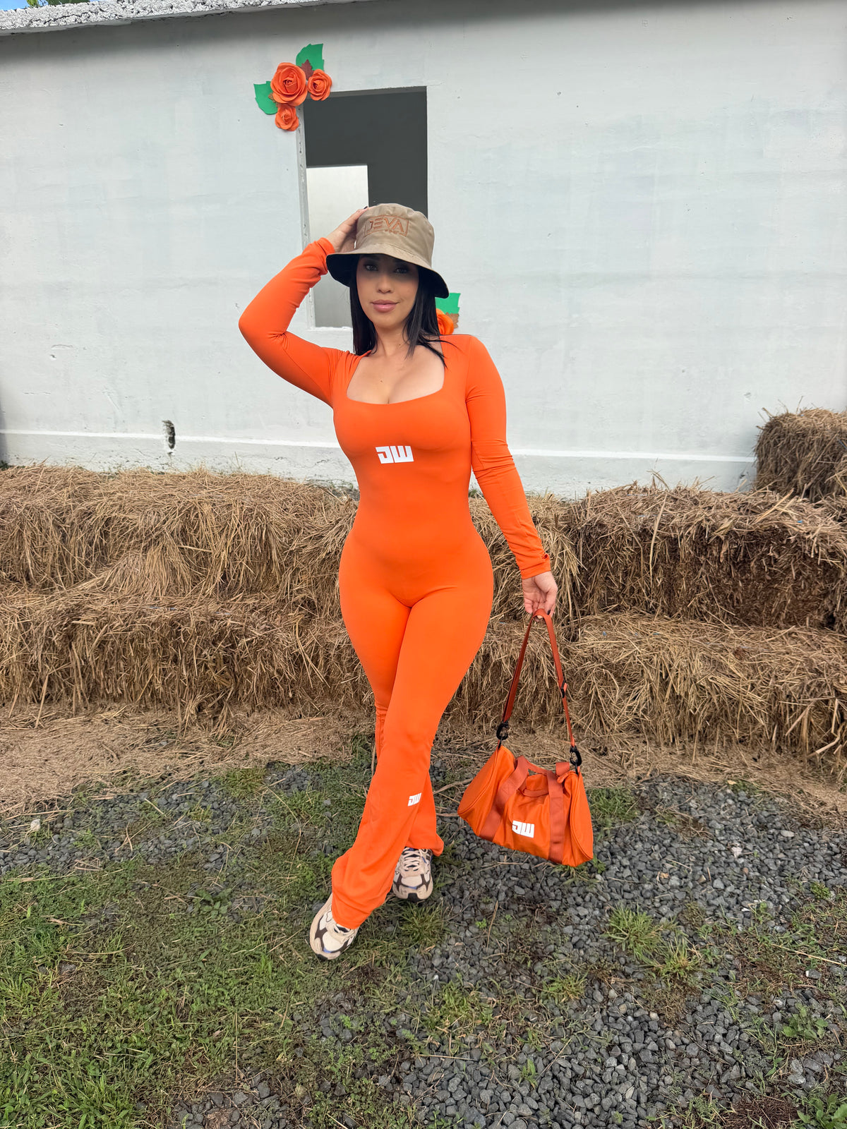 Orange Long-Sleeve Bellbottom Jumpsuit
