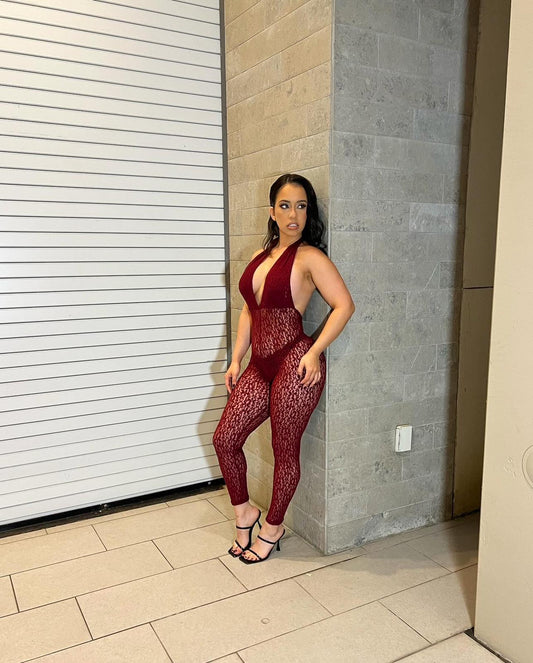 Wine Lace Fabric Jumpsuit